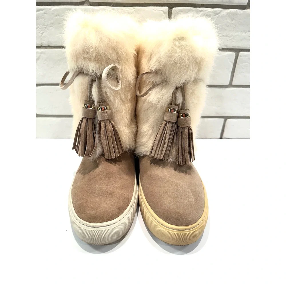 Tory Burch Tan Suede Fur Trimmed Tassel Boots Women's Size 6M‎